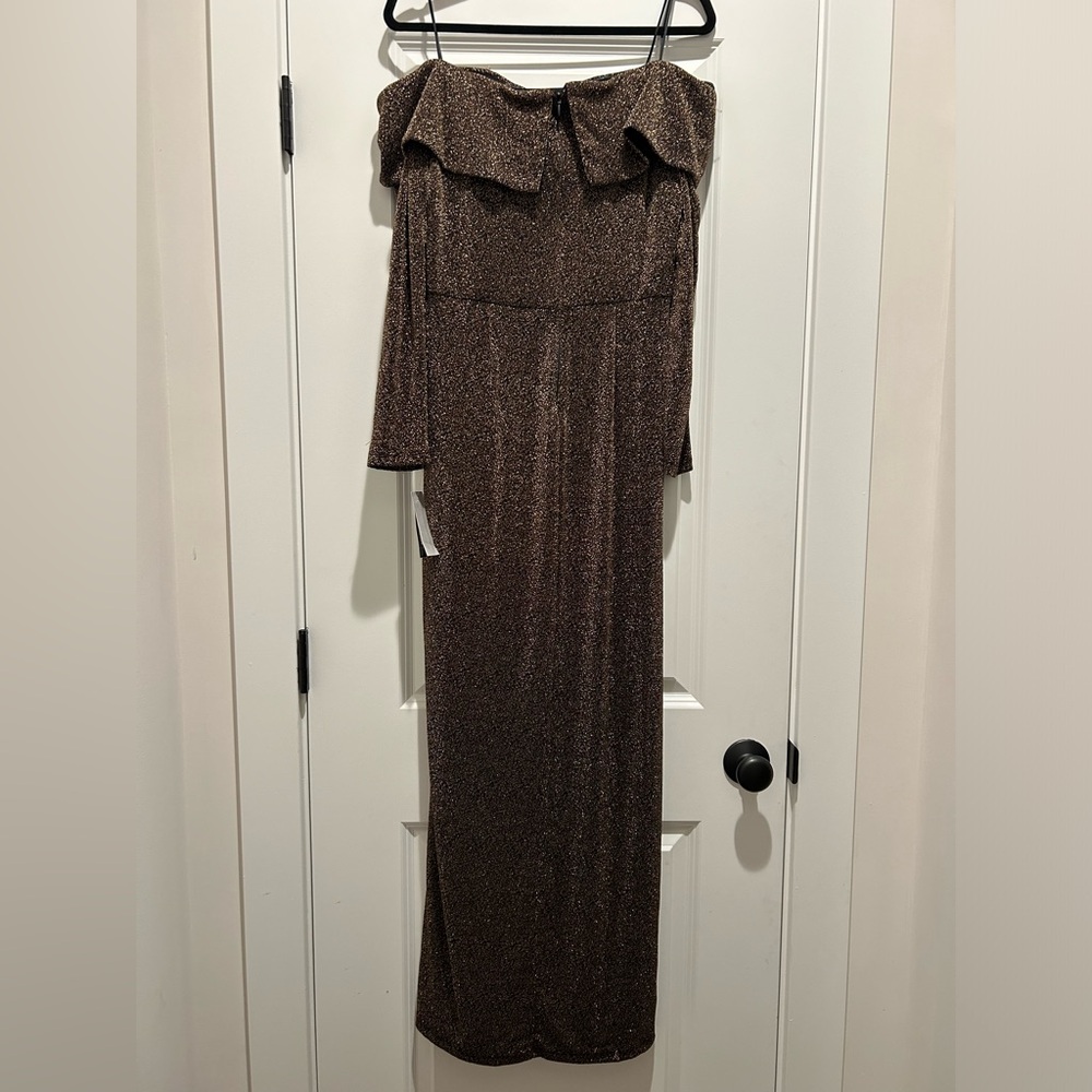 Alex Evenings Metallic Off the Shoulder Knit Sheath Gown - Picture 8 of 10